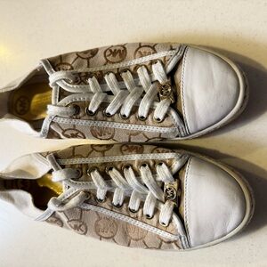 Michael Kors Cream and White Logo Sneakers with gold accents